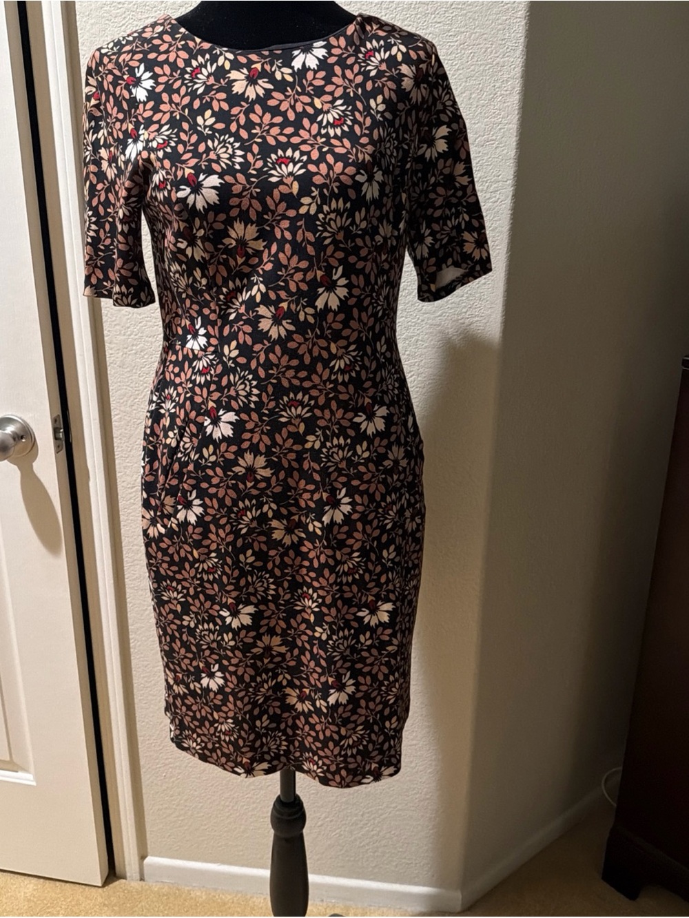 Lands' End Black Knee Length Dress with Red and Cream Floral Print